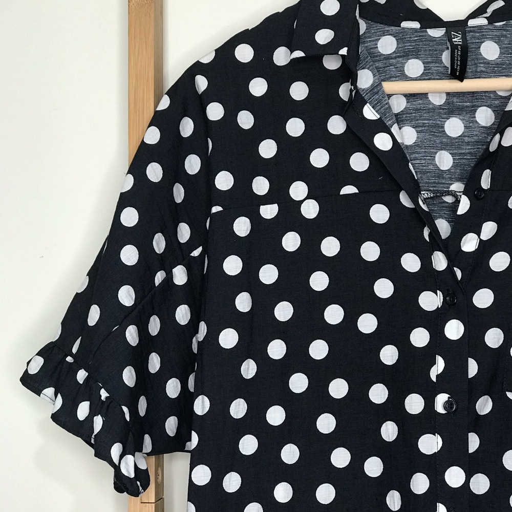 SOLD Zara Navy Dot Print Boxy Crop Shirt Top XS - Picture 5 of 11